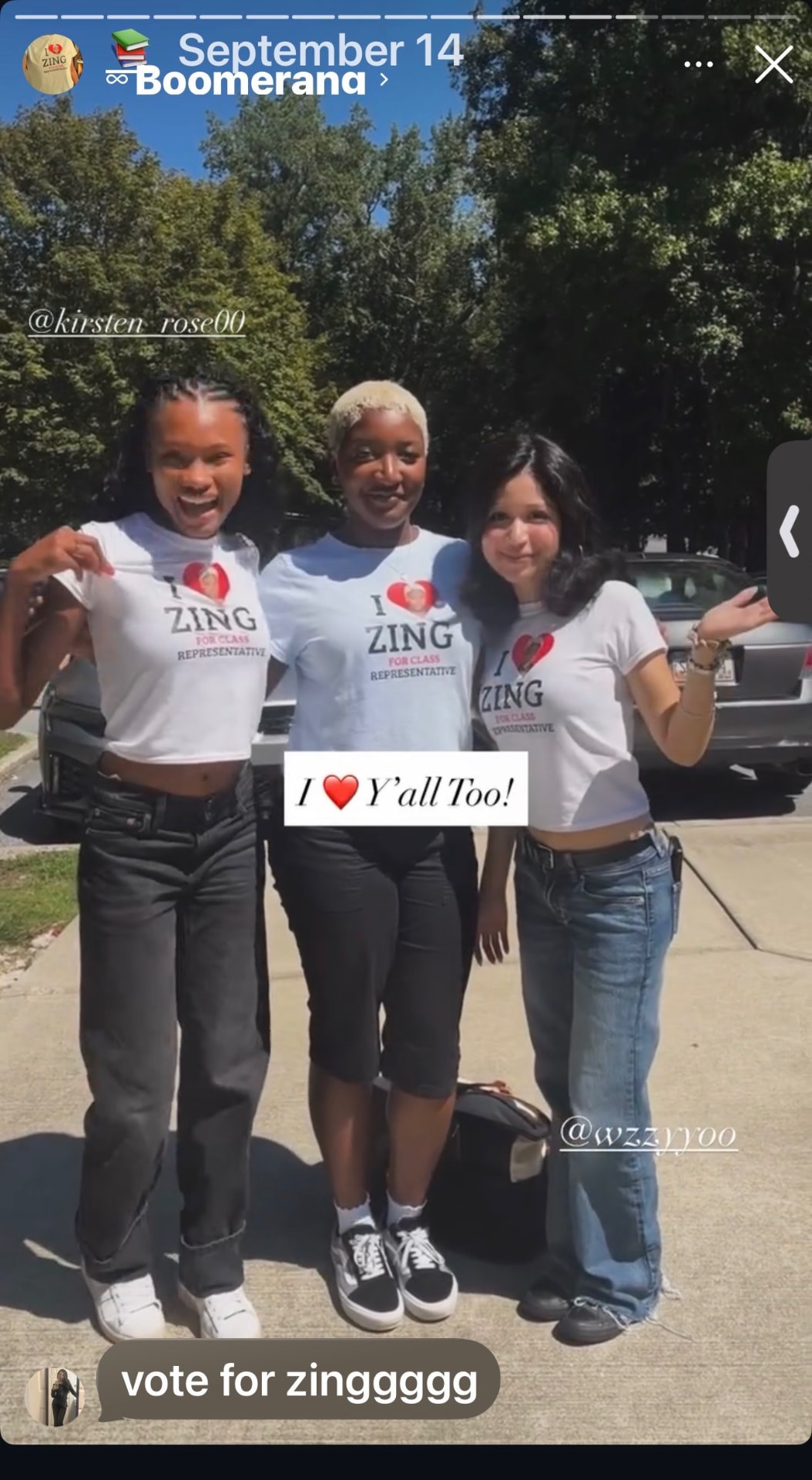 Nzinga and two friends in I heart Zing shirts sharing a story that reads Vote for Zing